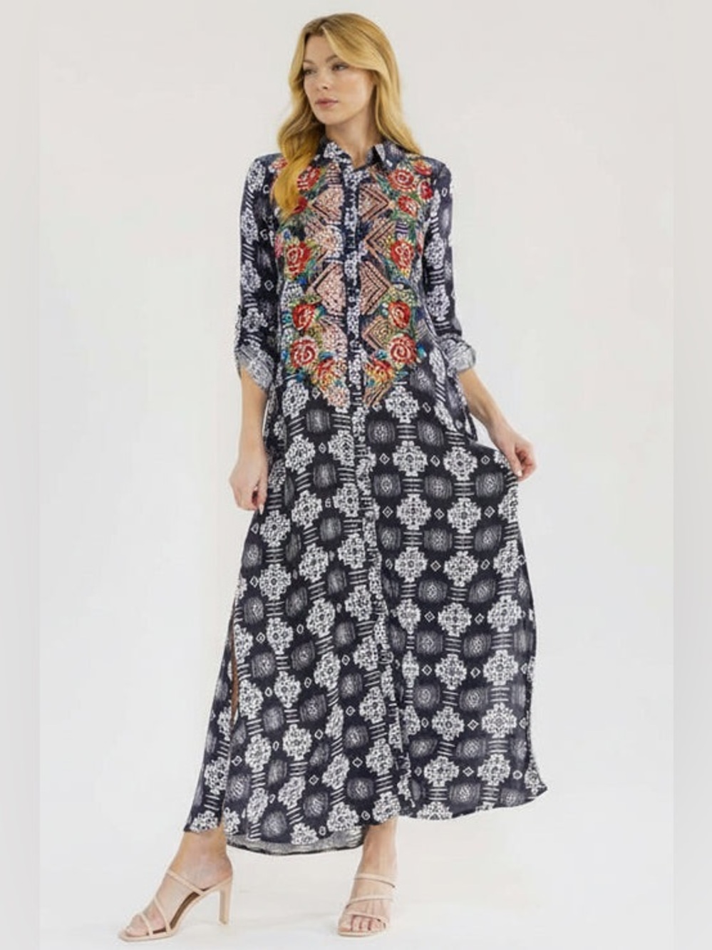 Black Floral Embroidered Maxi Shirt Dress